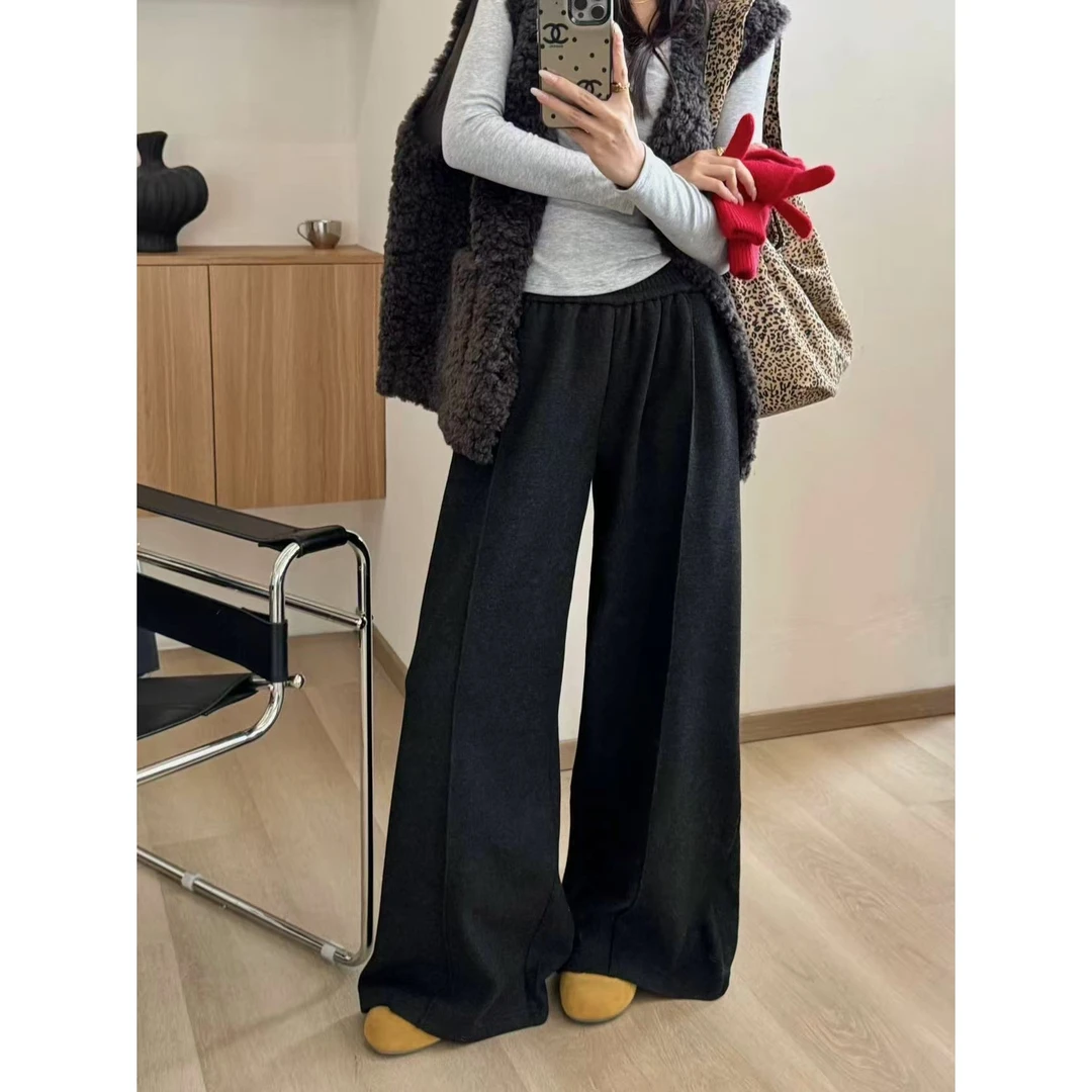 SP【松弛都市】 加厚澳绒松紧腰休闲裤女秋冬垂感廓形压褶阔腿裤