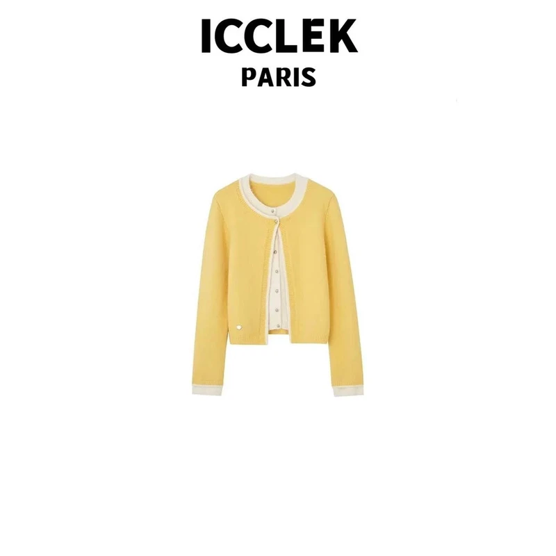 ICCLEK 黄色拼色圆领假两件长袖针织衫 -5190