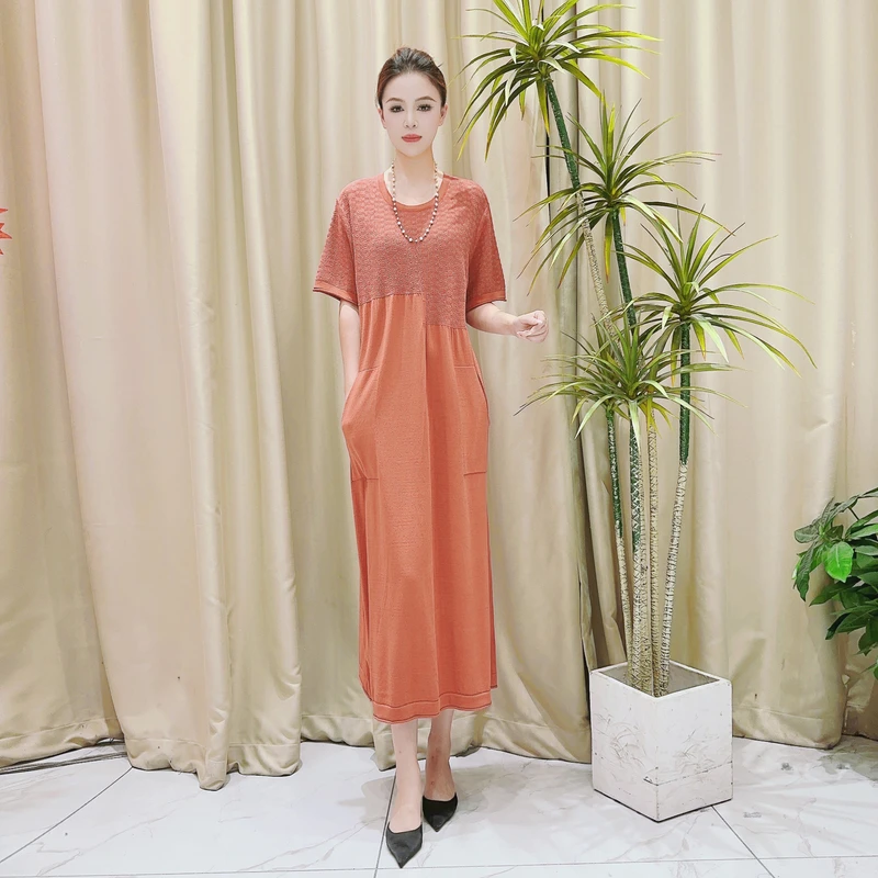 9524橘色针织连衣裙收腰显瘦设计师优雅时尚轻奢气质夏季
