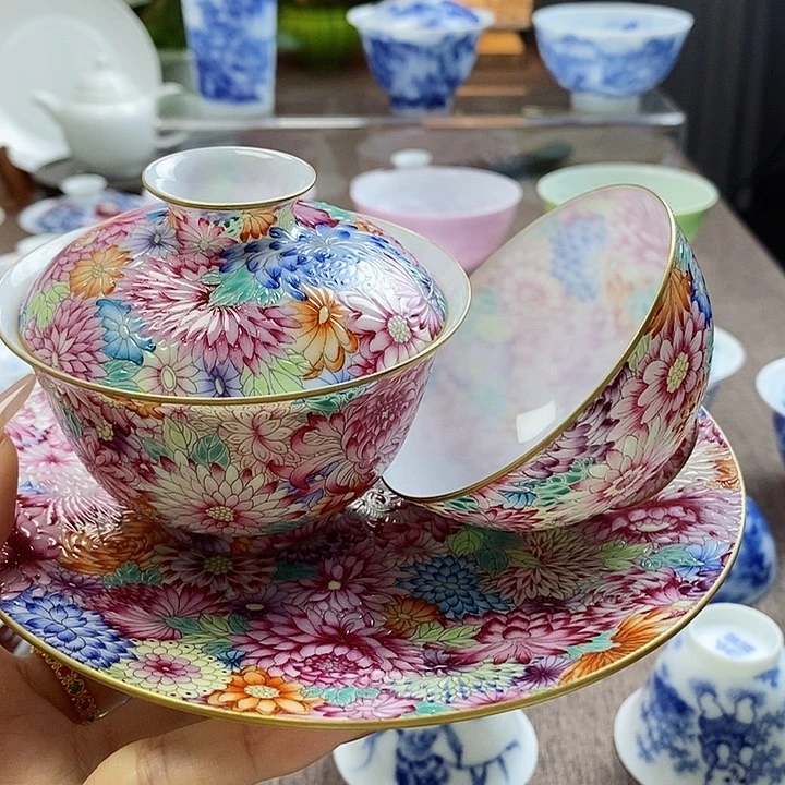 全品山月闲高温超薄胎珐琅彩万菊套组抵336差价