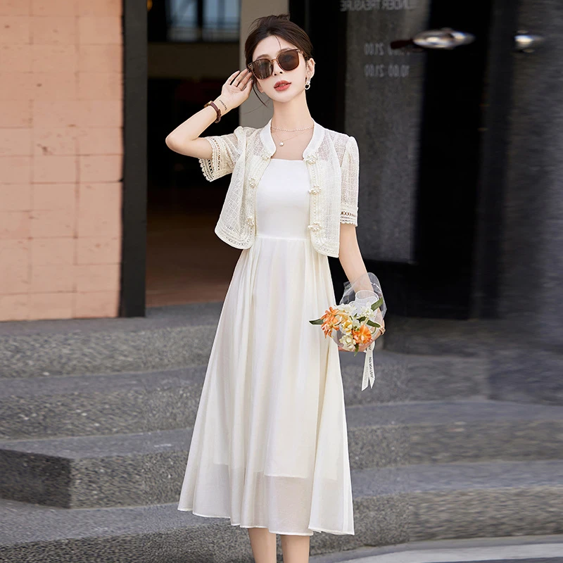 气质白色夏季蕾丝复古时尚小众仙气显瘦连衣裙套装|年夏季文