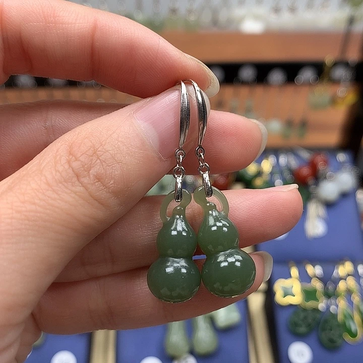 和田玉银S925镶嵌耳饰葫芦21.6左右湖水绿