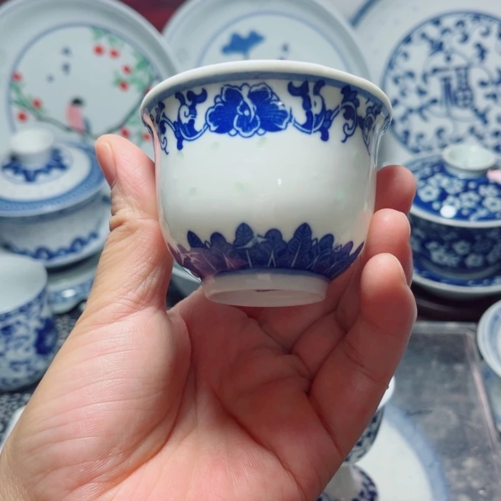 青花玲珑牡丹花小杯