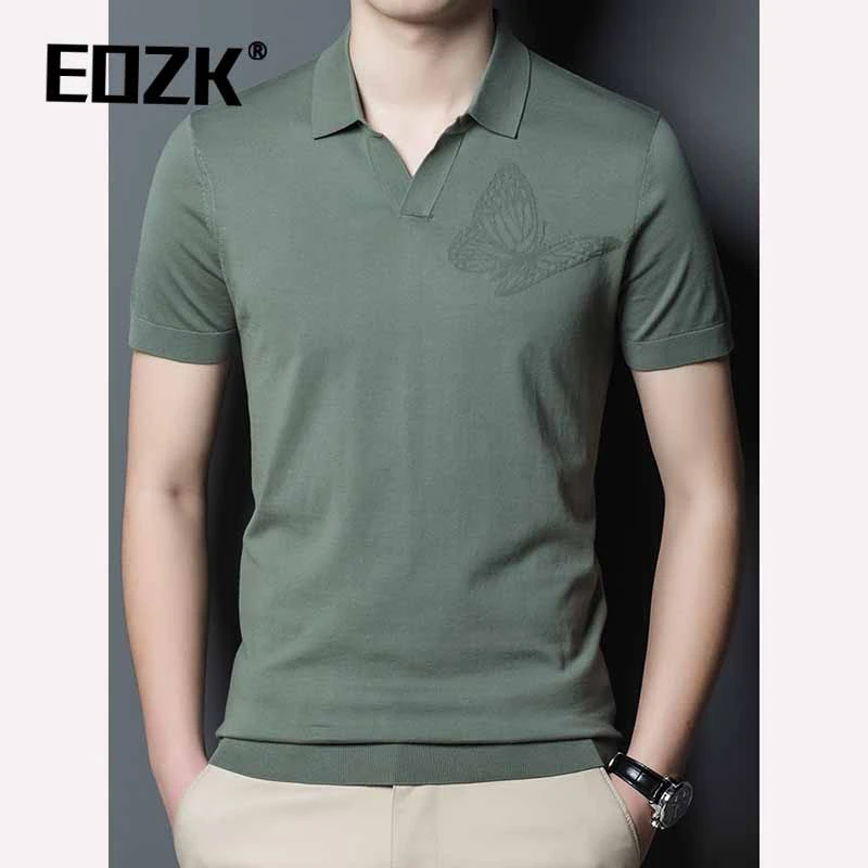 Eozk纯棉绿色翻领针织短袖T恤男半袖2025新款潮流设计感V领polo
