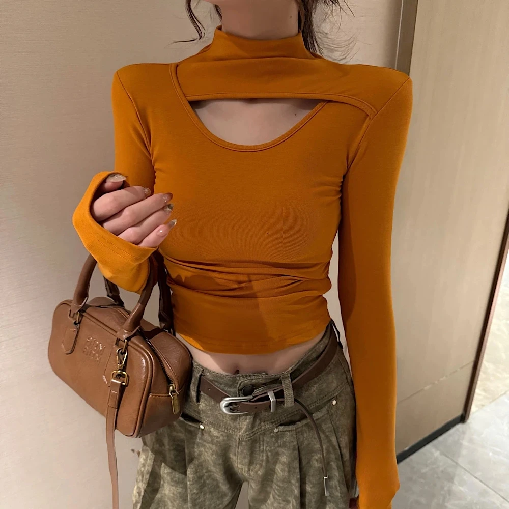 2025秋冬新款韩系设计感镂空半高领打底衫女修身显瘦内搭长袖上衣