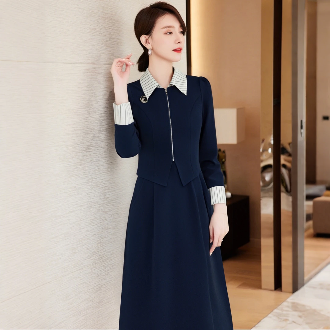 A2025气质显瘦中长设计感连衣裙制服时尚翻领气质连衣裙春季D0574