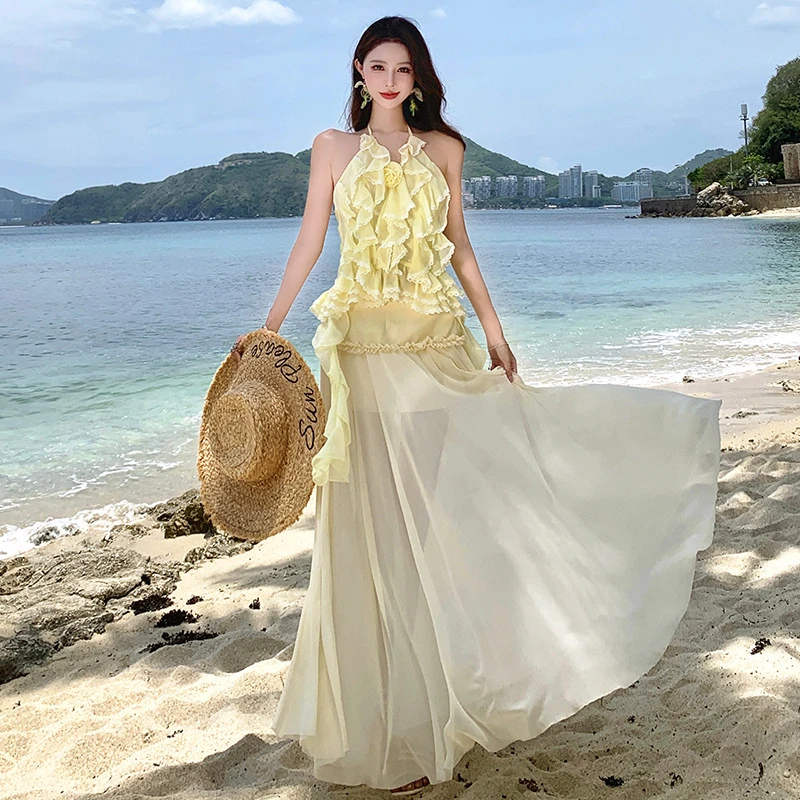 tccx9931荷叶边吊带上衣挂脖辣妹玫瑰半身裙两件套装2025夏季新款