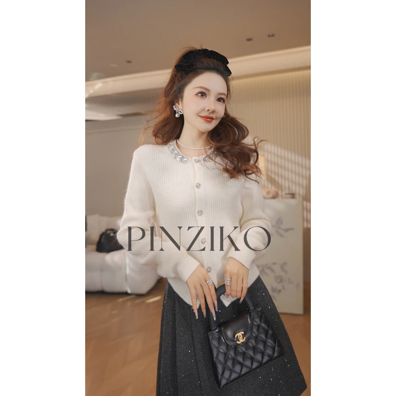 【PINZIKO】冰岛方糖~法式重工手缝亮钻羊毛衣开衫长袖针织衫TJE426