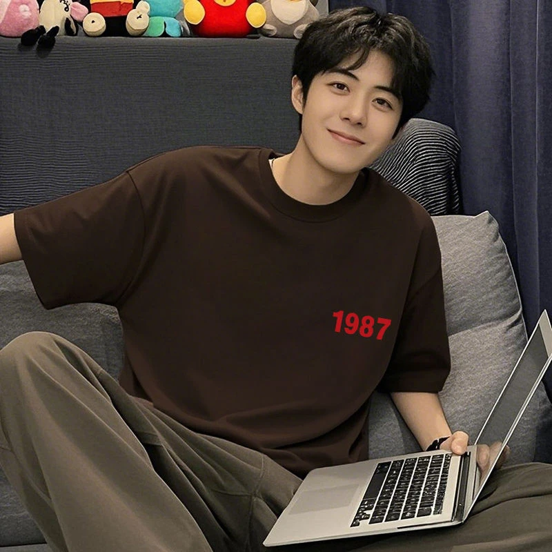 爆款美式时尚百搭短袖t恤男2025年夏季新款美式宽松纯棉显瘦上衣