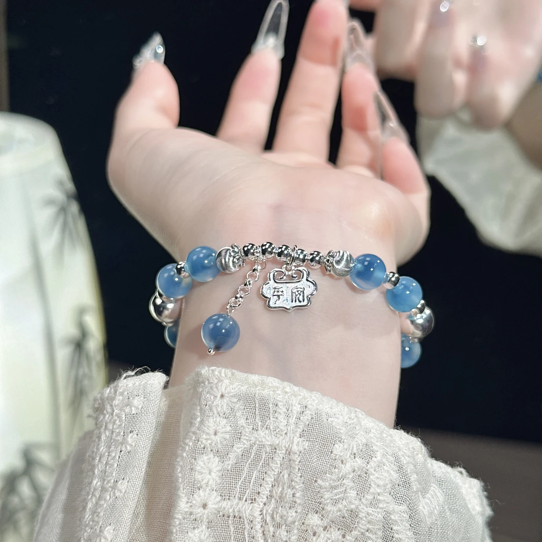 925银手链 喜安链语美开乐纯银手链925银百搭首饰女士款蓝色饰品