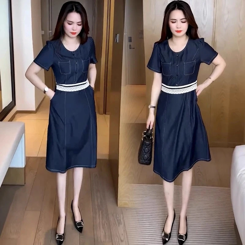 牛仔连衣裙女2025年夏季新款洋气减龄蕾丝拼接别致小众短袖A字裙
