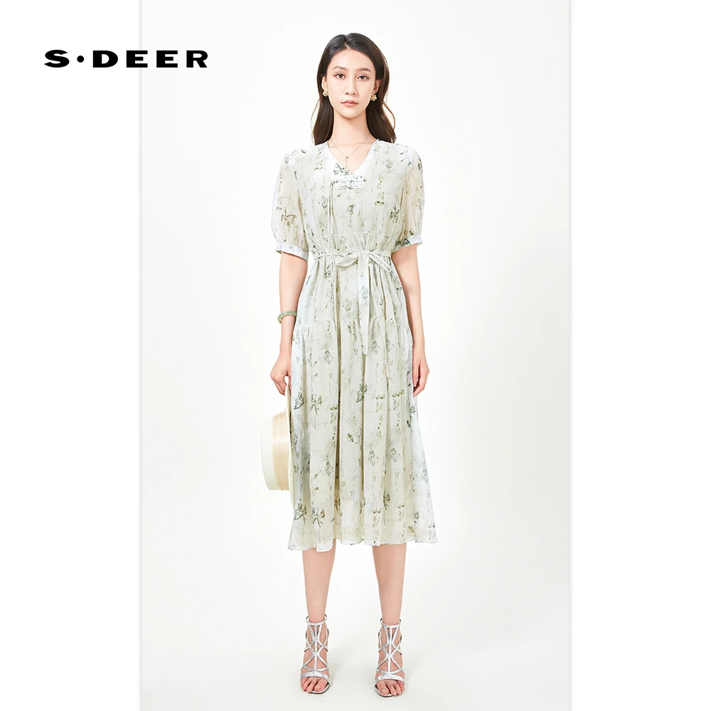 S·DEER圣迪奥法式轻奢气质时尚夏季收腰系带女装连衣裙S242Z12R7