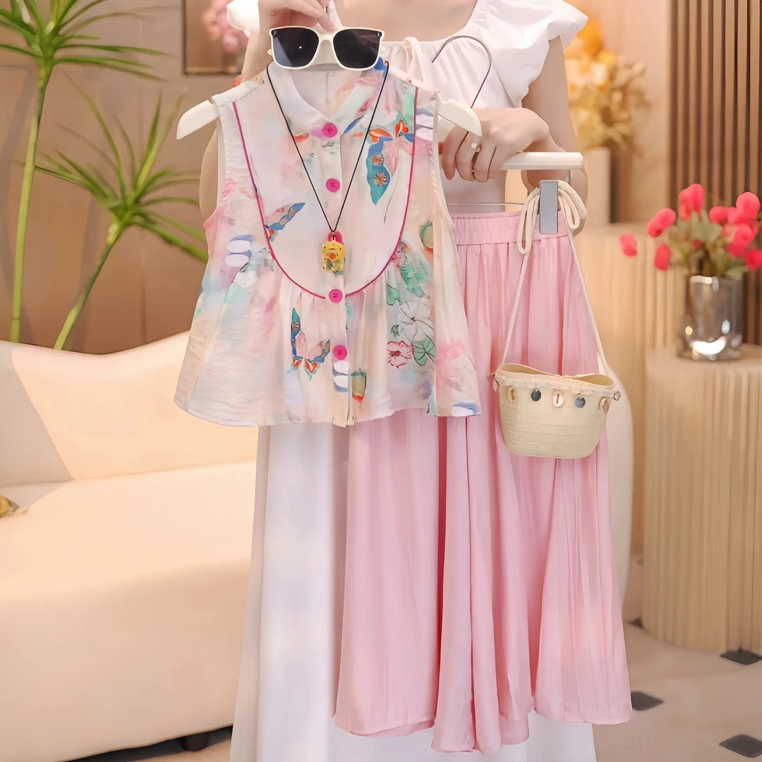 女童国风碎花无袖阔腿裤套装2025新款新中式娃娃衫夏季背心裙裤子