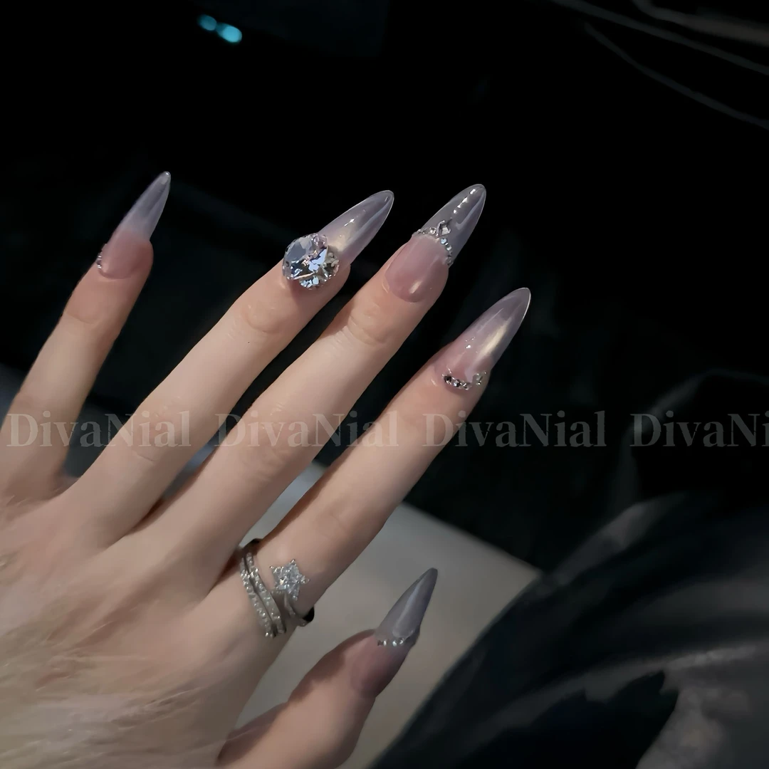 十六夜 全华浅紫清透猫眼手工定制穿戴甲