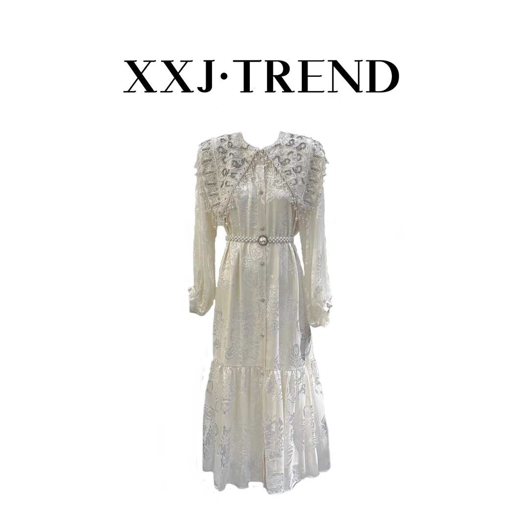 XXJ 【晴空&红标云肩】 2025春夏新款钉珠宽松气质轻奢连衣裙-7087