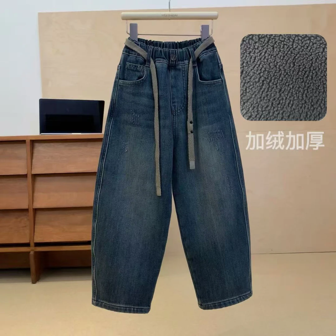 【一歌时代】加绒加厚牛仔裤中大童韩版男女童秋冬牛仔长裤YG7134