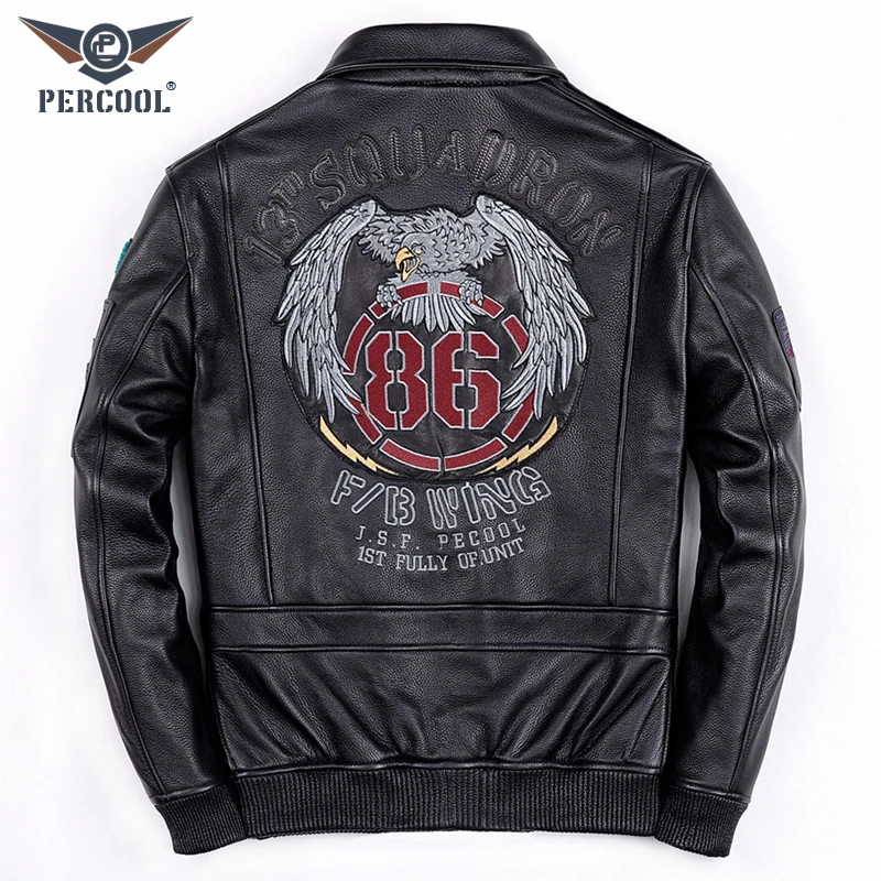 空军飞行服皮夹克男士头层牛皮多标刺绣机车服皮夹克潮流帅气外套