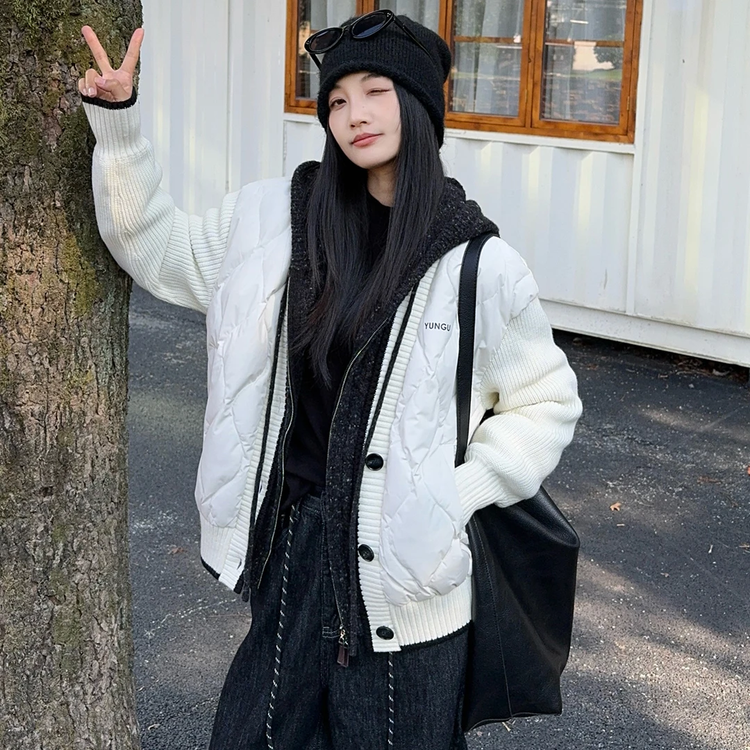 芸古冬新款时尚V领针织袖拼接短款轻薄羽绒服女 白鸭绒小香风外套