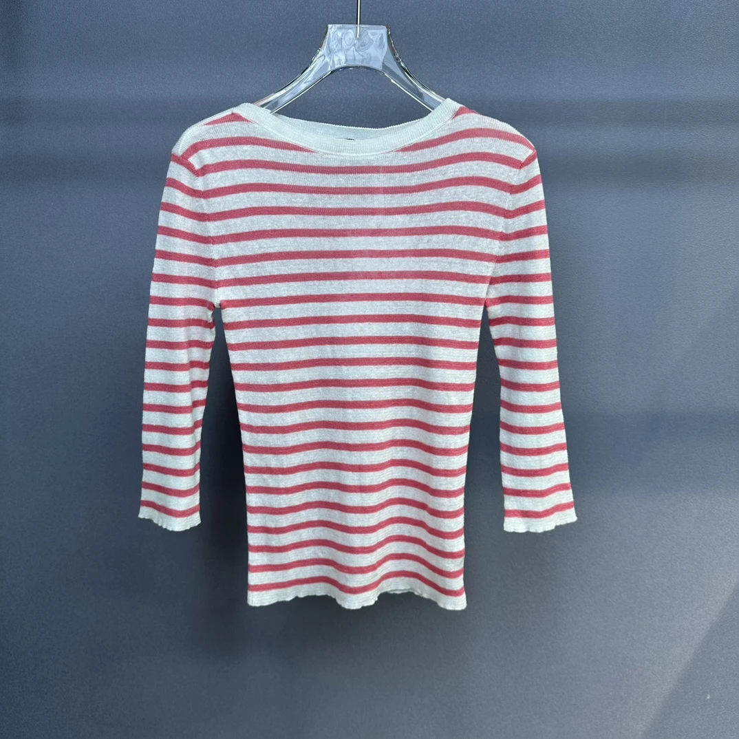 未使用 DIOR/迪奥 领口金色CD纽扣粉色长袖条纹毛衣115328休闲