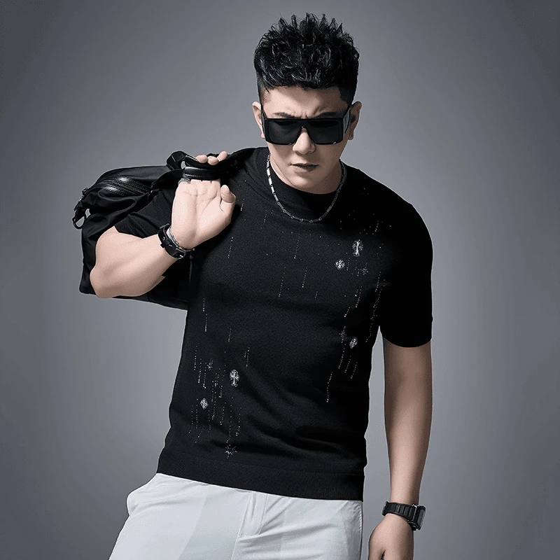 2025欧货轻奢男士针织冰丝短袖T恤烫钻痞帅时尚百搭夏季半袖上衣
