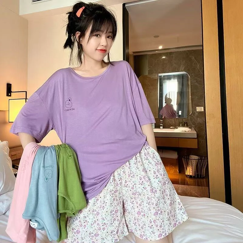 2025新款纯色田园碎花牛奶丝睡衣女夏短袖长裤甜美家居服套装