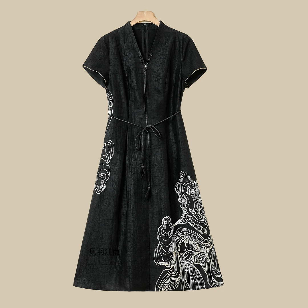 顺心  非遗龟裂纹 新中式国风v领提花收腰减龄香云纱连衣裙83205