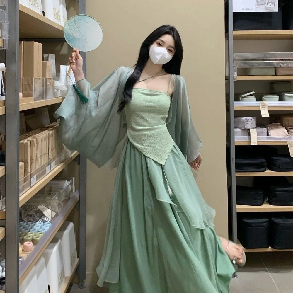 新中式女装国风改良汉服汉元素日常小个子绿色连衣裙子三件套装女