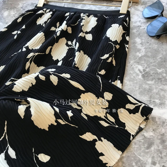 爆美！穿出优雅女神气质！黑白复古印花气质显瘦褶皱高腰半身裙女