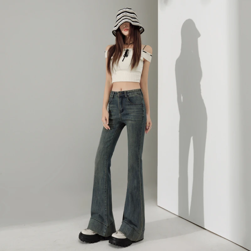 KALEELEMENT/卡乐元素复古高腰微喇女2025春季新款修身显瘦马蹄裤