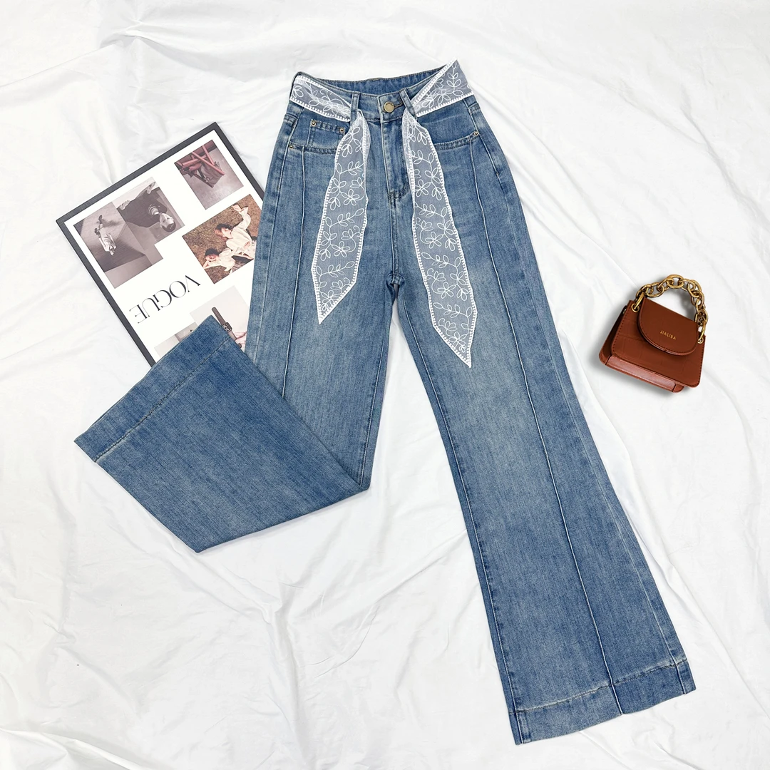 2025春季新款蓝色微喇牛仔裤女小个子裤子高腰修身显瘦窄版阔腿裤