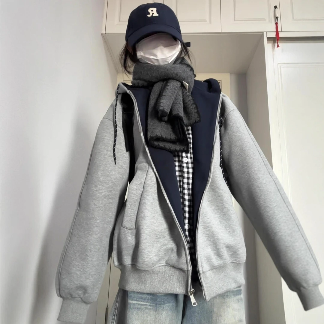 灰色撞色连帽卫衣外套女早秋季美式慵懒chic宽松正肩长袖上衣穿搭