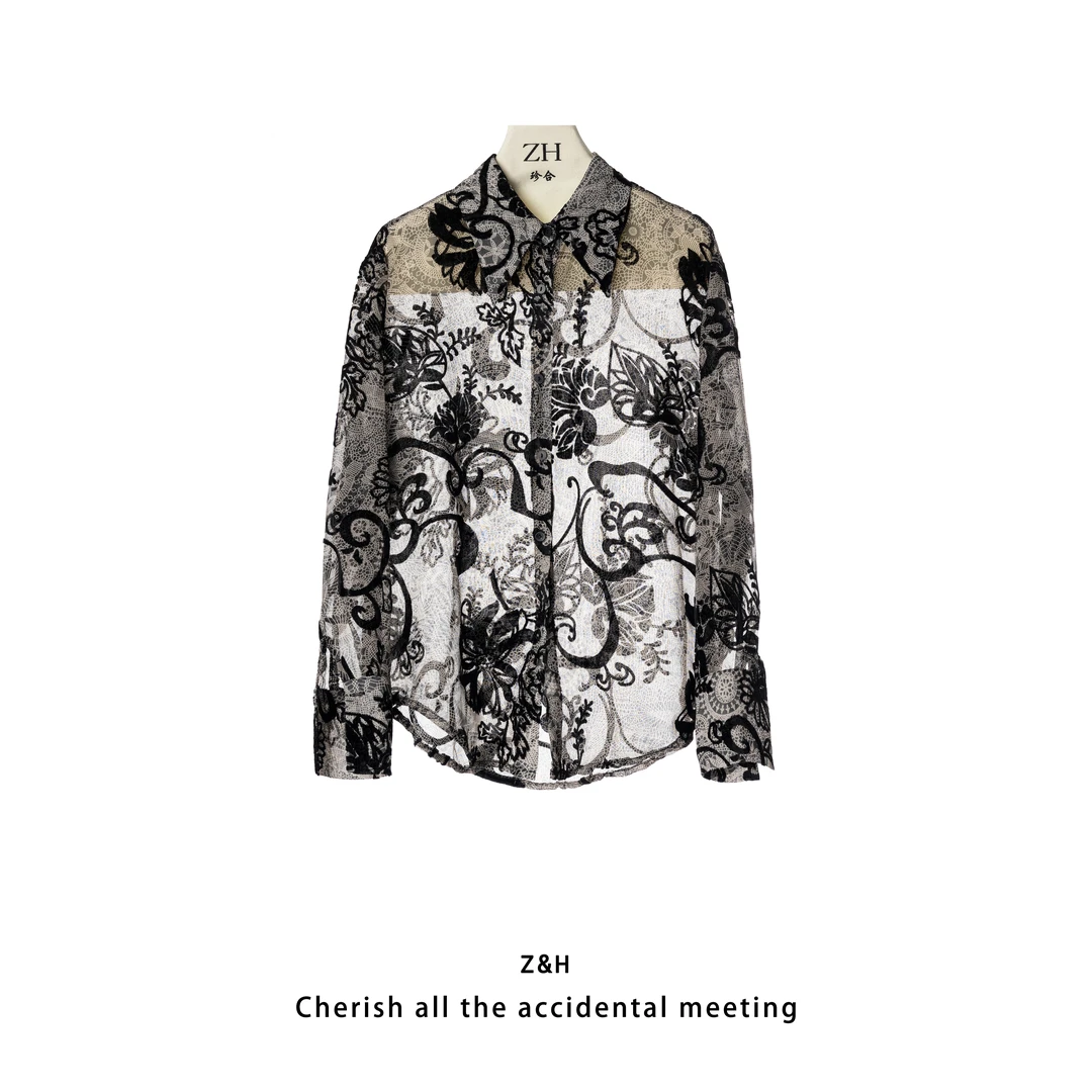 ZH【竹沥】春季新款高级感印花V领衬衫女时髦百搭长袖衬衣