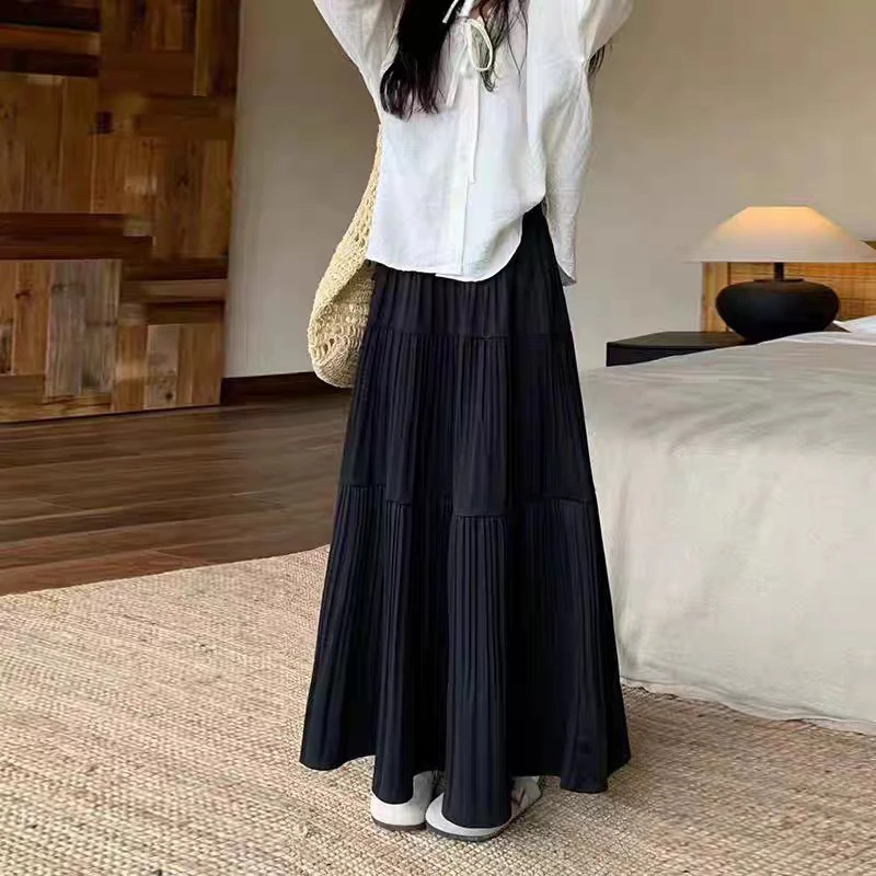 纯色百褶蛋糕裙A型休闲风长裙高腰半身裙时尚中长款半裙百搭
