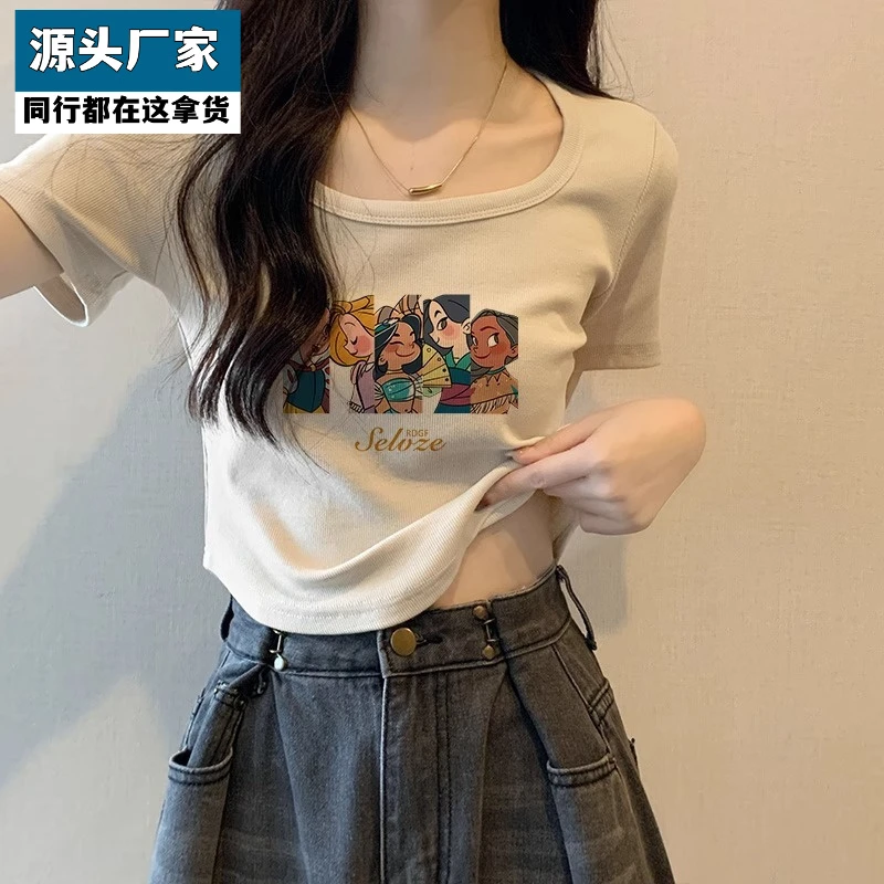 梵乐芬夏季新款短款T恤显瘦修身印花设计感露脐上衣辣妹百搭白色