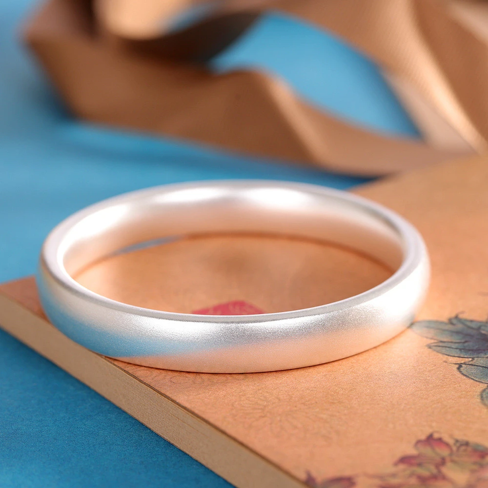 个性风潮手饰银9999古法喷砂轮胎手镯冷淡风女银镯子饰品简约