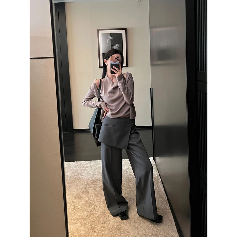 灰色假两件层次感裙裤休闲西裤女高腰显瘦百搭直筒阔腿裤 80166