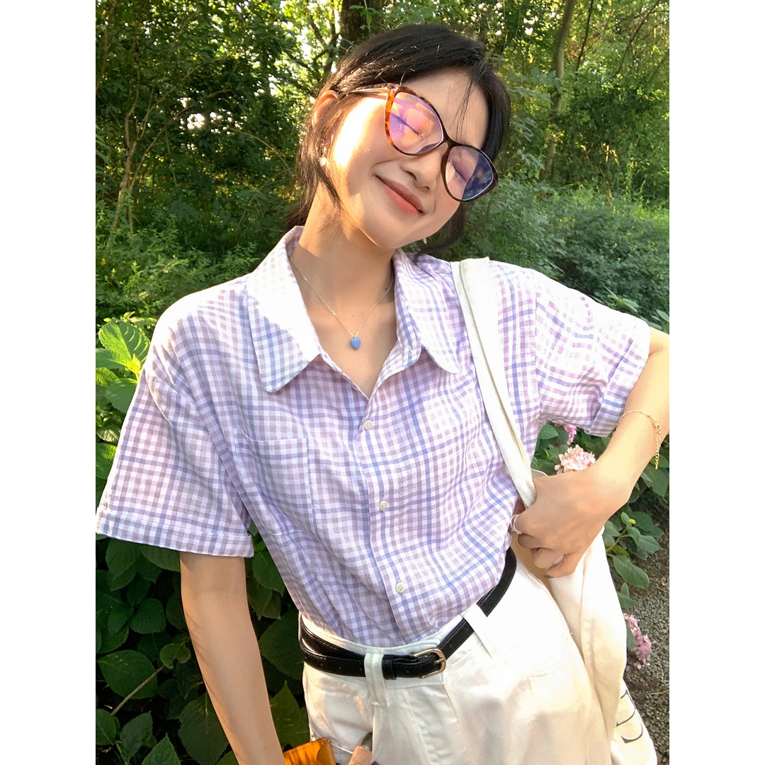 【西西里安】 葡萄苏打~韩版松弛感全棉格子短袖衬衫