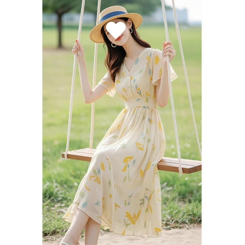 温柔约会雪纺连衣裙女夏季2025新款今年流行收腰海边度假碎花长裙