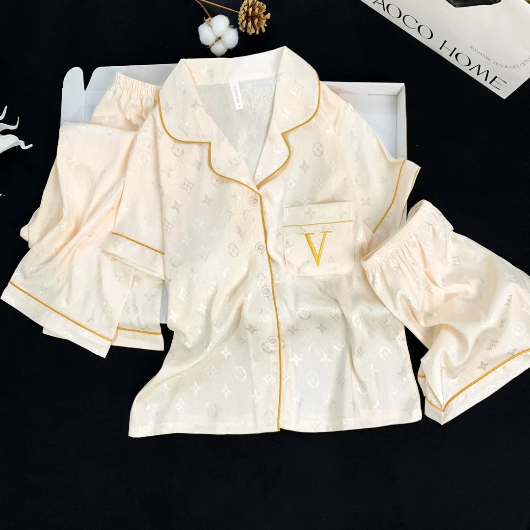 带胸垫显瘦夏季2024新款冰丝薄款睡衣女套装家居服休闲宽松大码