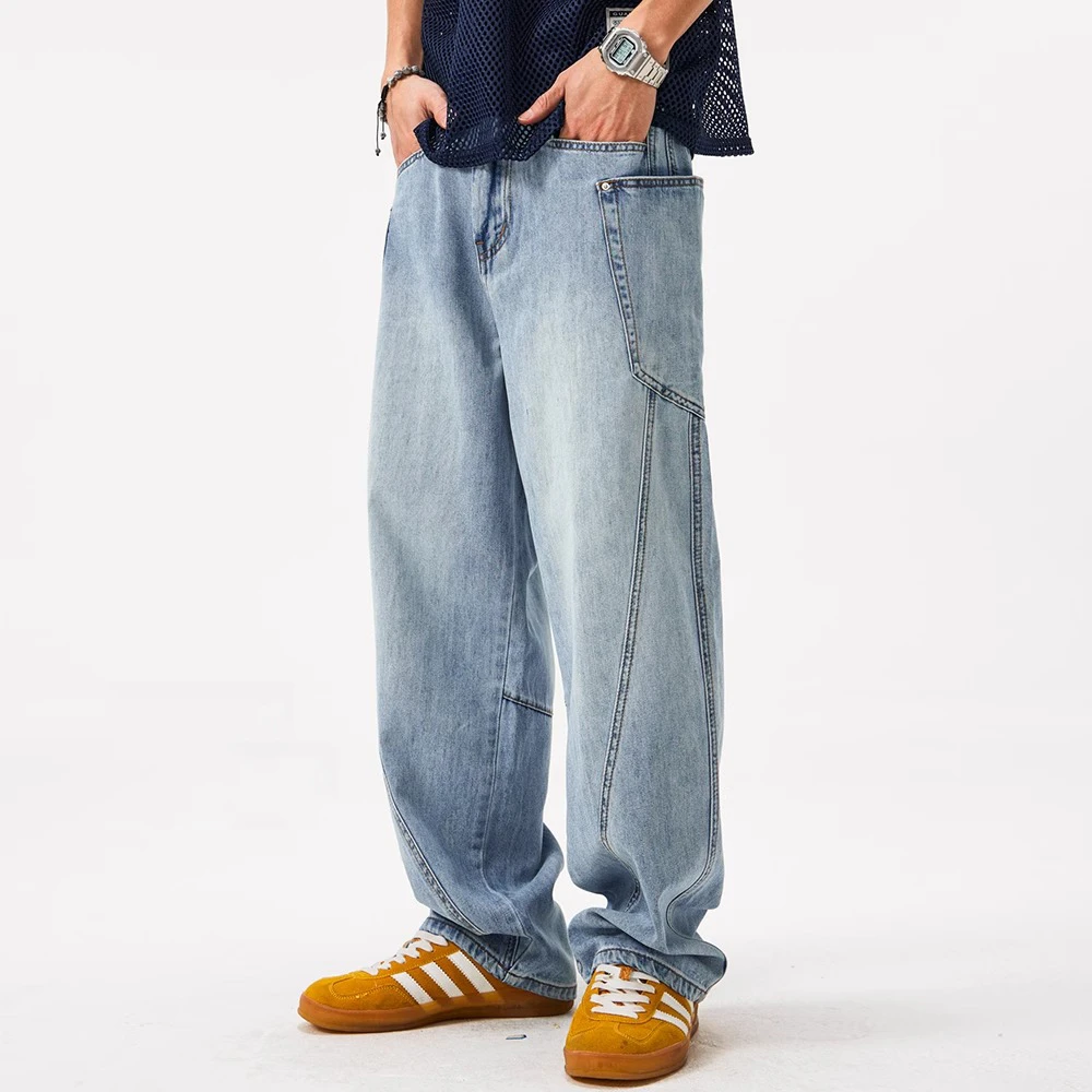 Cebrodz薄款莱赛尔宽松弯刀牛仔裤男休闲垂感镰刀阔腿裤复古长裤