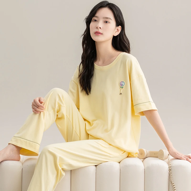 睡衣女款爆款2025新款夏季夏天纯棉短袖长裤短袖春秋鹅黄居家服女