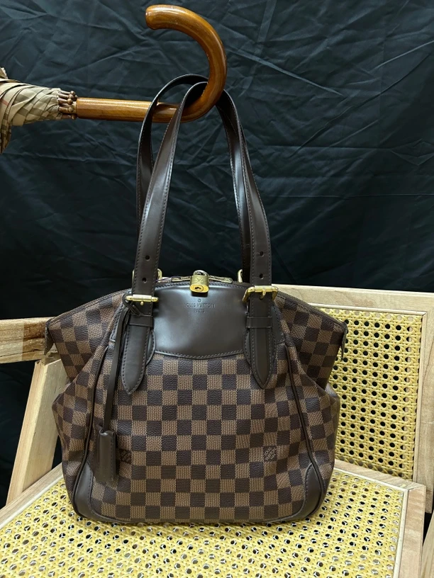 95新 LouisVuitton/路易威登 棕棋盘小号饺子手提