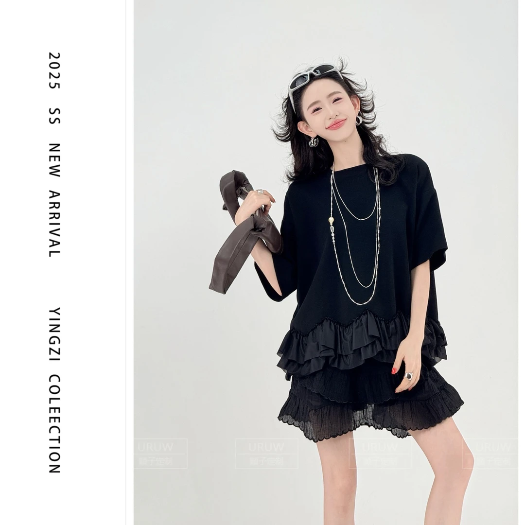 颖子定制【暮色晚霞】宽松显瘦荷叶边短款上衣女百搭休闲T恤 6659