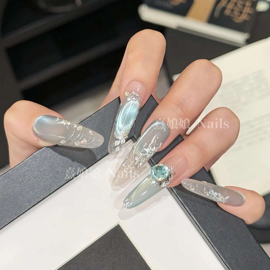 【熹娘娘—蓝调琉璃幻境】雕花锆石玫瑰切钻高级纯手工穿戴甲