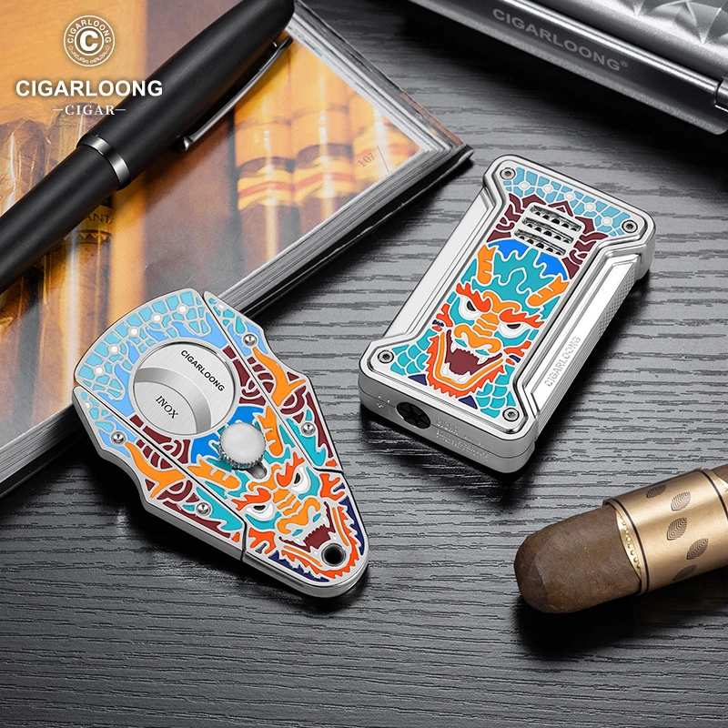 茄龙雪茄烟具套装直冲打火机剪刀平剪开孔组合龙纹礼盒装CL-272