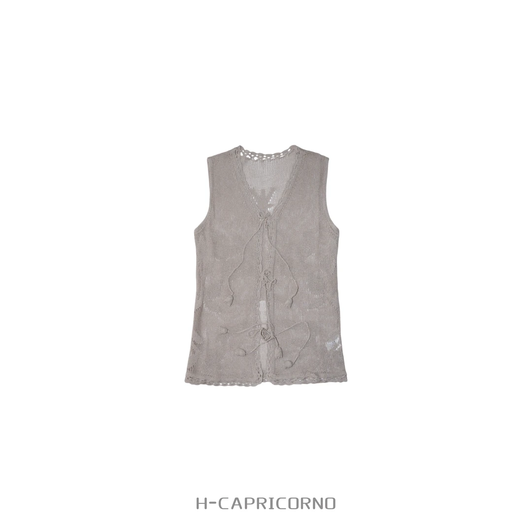 H-CAPRICORNO定制手工编织提花钩编装饰流苏系绳开衫马甲