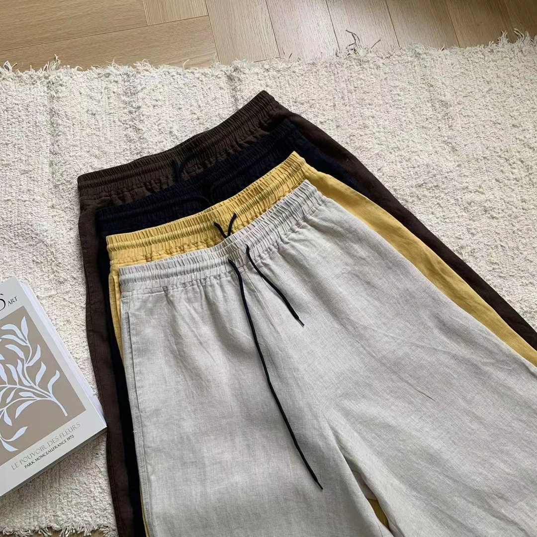 素心轻奢 2025夏季新文艺高腰纯亚麻直筒松紧腰显瘦阔腿裤女13323