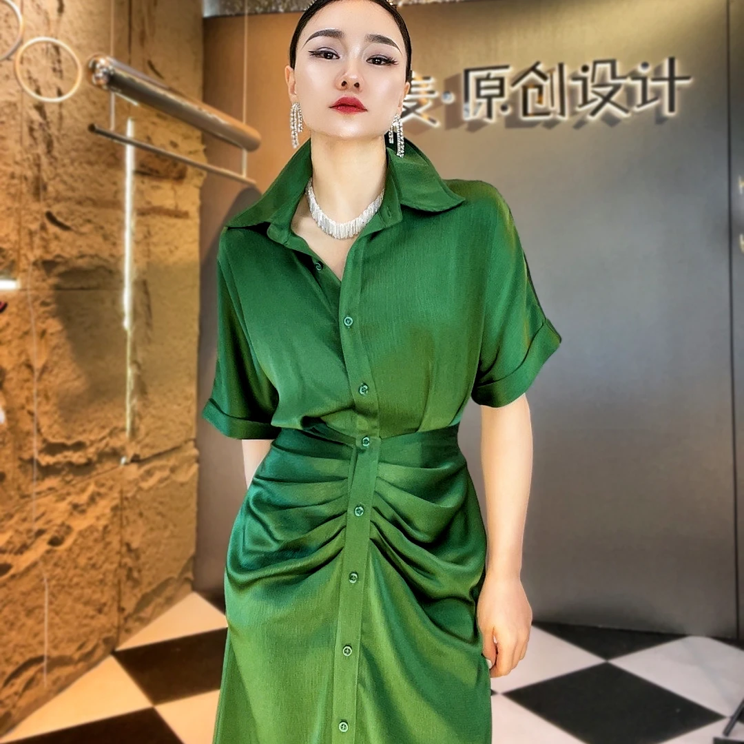 夏季超显瘦连衣裙收腰休闲女装气质轻奢时尚女士夏季绿色修身长款