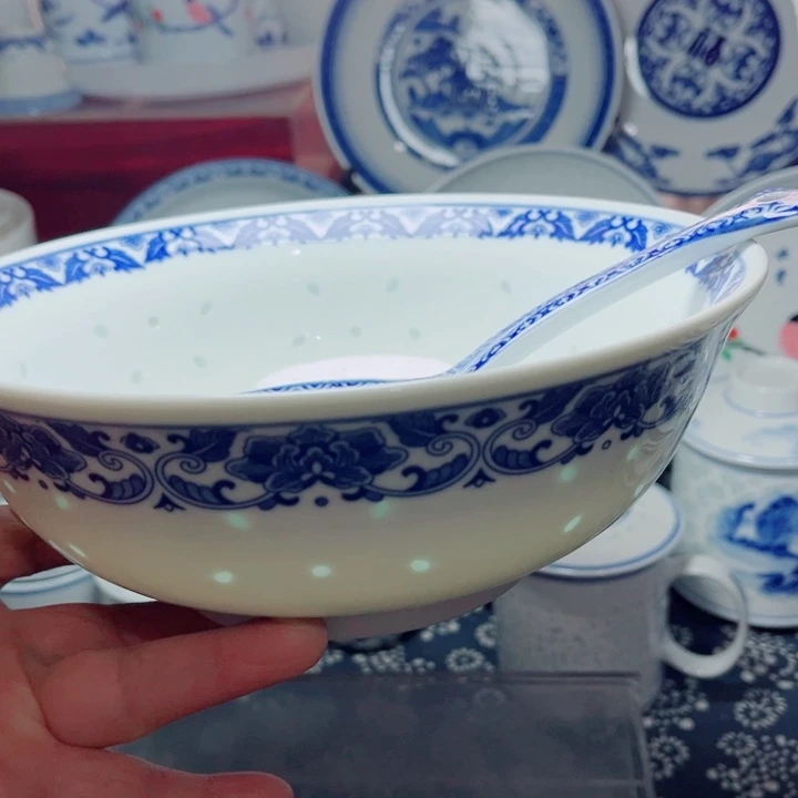 青花玲珑8寸汤碗牡丹花带勺子