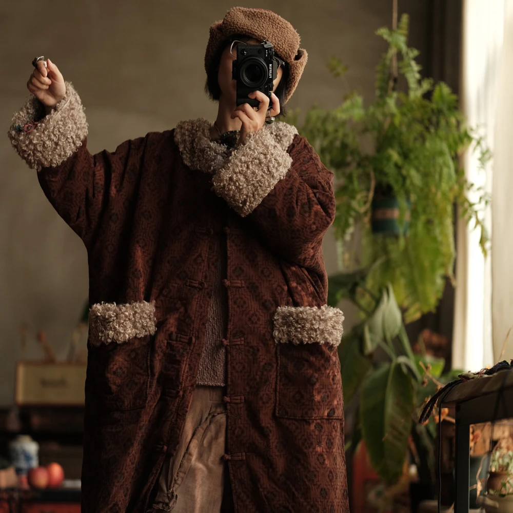 落古泥轻定制复古文艺羊卷毛条绒对襟盘扣大棉袍2225木香